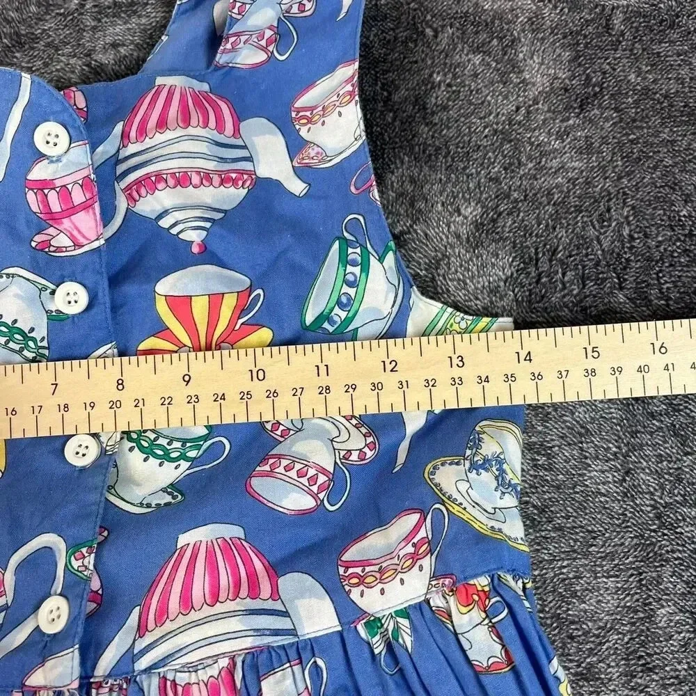 Vtg Cary San Francisco Sleeveless Tea Cup Print Dress Girls 7 Blue Buttons